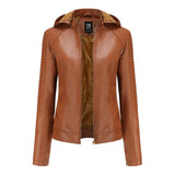 Red Leather Jacket Fleece-Lined Women's Leather Jacket Women's Hooded Autumn and Winter Short Coat Warm Leisure Women's Jacket