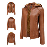 Red Leather Jacket Fleece-Lined Women's Leather Jacket Women's Hooded Autumn and Winter Short Coat Warm Leisure Women's Jacket
