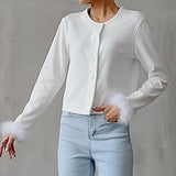 Women Trench Coat Waffle Coat Simple Feather Short round Neck Autumn and Winter