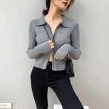 Women Cardigan Sweater Zipper and Lapel Knitted Cardigan 8t8060