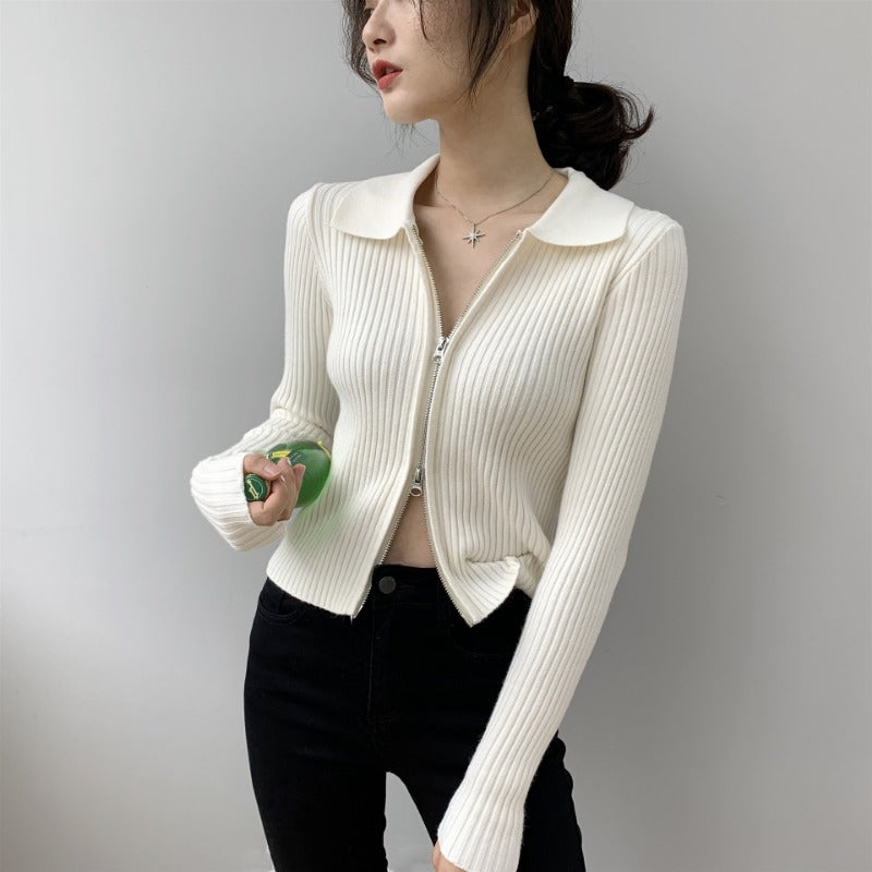 Women Cardigan Sweater Zipper and Lapel Knitted Cardigan 8t8060