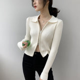 Women Cardigan Sweater Zipper and Lapel Knitted Cardigan 8t8060