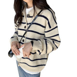 Women Knitwear Autumn Winter Retro Lapel Knitted Cardigan Loose Striped Sweater Coat