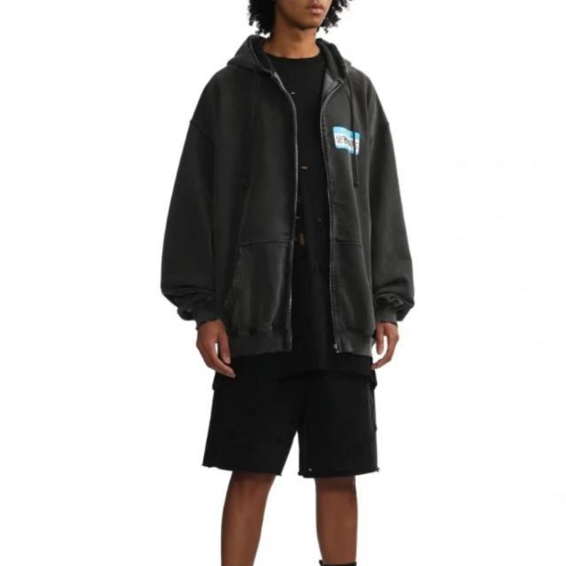 Vetements Hoodie Autumn and Winter Ripped Distressed Signature Label Washed Loose Zip Hooded Coat Sweatshirt
