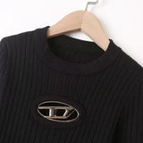 Women Sweater Knitwear Spring round Neck Letter Vertical Stripes Short Slim Bottoming Sweater Sweater