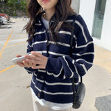 Women Knitwear Autumn Winter Retro Lapel Knitted Cardigan Loose Striped Sweater Coat