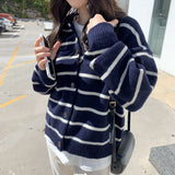 Women Knitwear Autumn Winter Retro Lapel Knitted Cardigan Loose Striped Sweater Coat