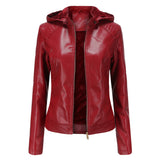 Red Leather Jacket Fleece-Lined Women's Leather Jacket Women's Hooded Autumn and Winter Short Coat Warm Leisure Women's Jacket