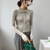 Women Cardigan Sweater Zipper and Lapel Knitted Cardigan 8t8060