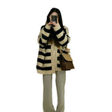 Women Knitwear Autumn and Winter Striped V-neck Sweater Coat Knitted Cardigan