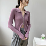 Women Cardigan Sweater Zipper and Lapel Knitted Cardigan 8t8060