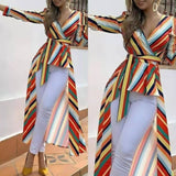 Women Trench Coat Autumn Rainbow Stripes Dress Large Coat
