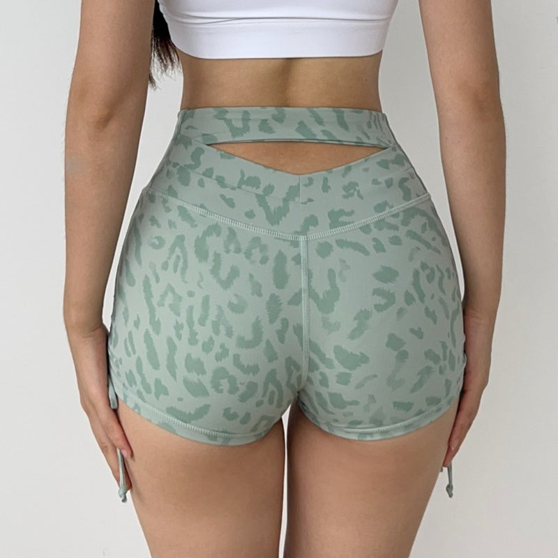 Women Yoga Sports Shorts Leopard Print Hollow out Peach Shorts Exercise Workout Pants