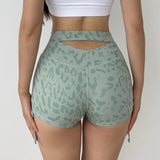 Women Yoga Sports Shorts Leopard Print Hollow out Peach Shorts Exercise Workout Pants