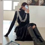 Women Dresses Autumn and Winter Velvet Lace Sleeveless V-neck Dress Turtleneck Long-Sleeve Suit