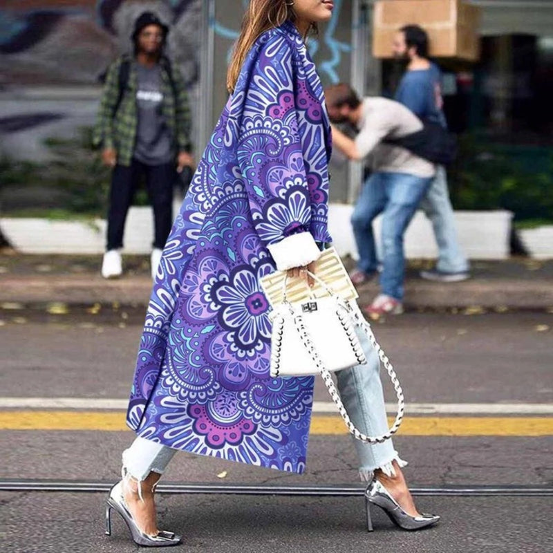Women Trench Coat round Neck Printed Double Breasted Coat Women's Long Sleeve Paisley Trench Coat