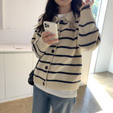 Women Knitwear Autumn Winter Retro Lapel Knitted Cardigan Loose Striped Sweater Coat