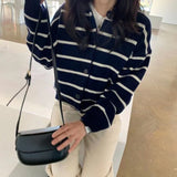Women Knitwear Autumn Winter Retro Lapel Knitted Cardigan Loose Striped Sweater Coat