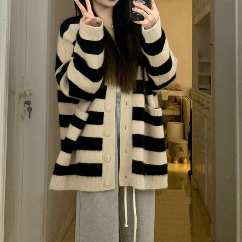 Women Knitwear Autumn and Winter Striped V-neck Sweater Coat Knitted Cardigan