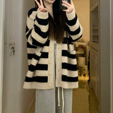 Women Knitwear Autumn and Winter Striped V-neck Sweater Coat Knitted Cardigan