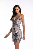 Women Evening Gown Sexy V-neck Night Club Slip Sequins Dress
