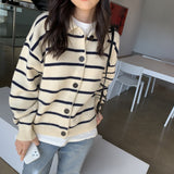 Women Knitwear Autumn Winter Retro Lapel Knitted Cardigan Loose Striped Sweater Coat