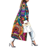 Women Trench Coat round Neck Printed Double Breasted Coat Women's Long Sleeve Paisley Trench Coat