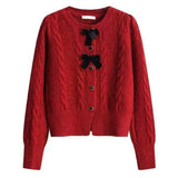 Women Knitted Cardigan Red Knitted Cardigan Bow Sweater Coat