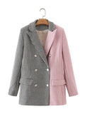 Women Suits Autumn Leisure Double Breasted Houndstooth Color Block Blazer