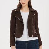 Women Leather Jacket Suede Jacket Women's Lapel Long-Sleeved, Slim-Fit, Short Motorcycle Jacket Top