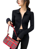 Women Cardigan Sweater Zipper and Lapel Knitted Cardigan 8t8060