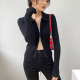 Women Cardigan Sweater Zipper and Lapel Knitted Cardigan 8t8060