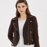 Women Leather Jacket Suede Jacket Women's Lapel Long-Sleeved, Slim-Fit, Short Motorcycle Jacket Top