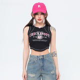 Women Vest Vintage Printed Short Top Summer Thread Fitted Sleeveless T-shirt Vest