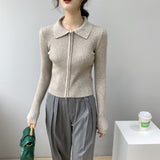 Women Cardigan Sweater Zipper and Lapel Knitted Cardigan 8t8060