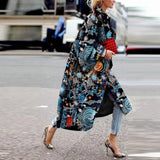 Women Trench Coat round Neck Printed Double Breasted Coat Women's Long Sleeve Paisley Trench Coat