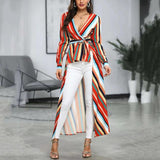 Women Trench Coat Autumn Rainbow Stripes Dress Large Coat