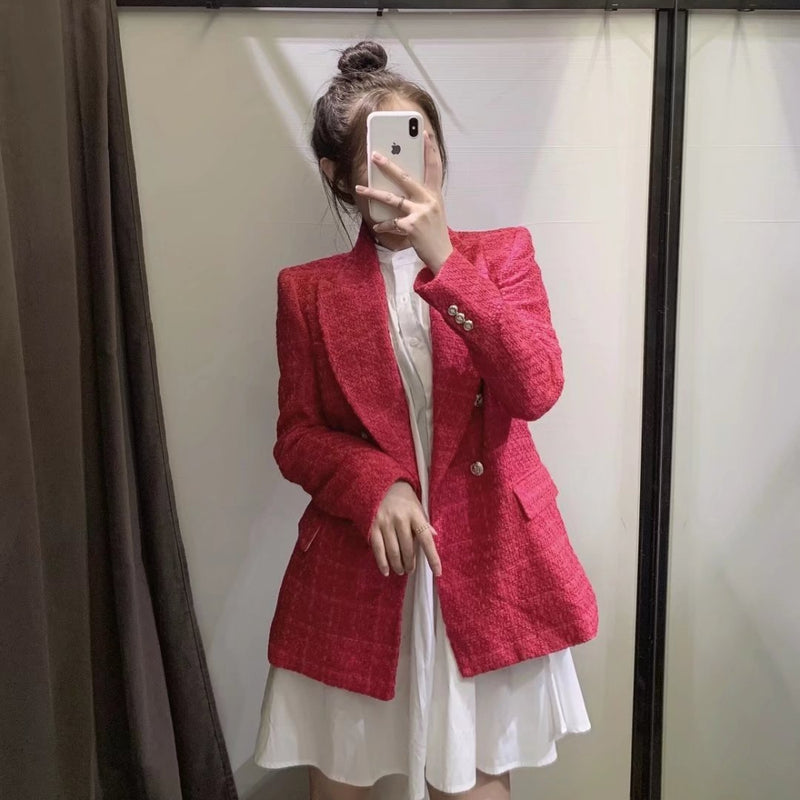 Women Suits Fall Lapels Long Sleeve Double Breasted Texture Slim Fit Blazer