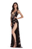 Women Evening Gown Sexy V-neck Black Paillette Dress