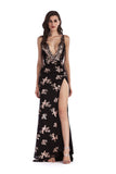 Women Evening Gown Sexy V-neck Black Paillette Dress
