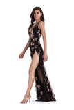 Women Evening Gown Sexy V-neck Black Paillette Dress
