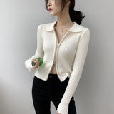 Women Cardigan Sweater Zipper and Lapel Knitted Cardigan 8t8060