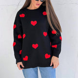 Women Knit Top Ladies Leisure Knitwear Love Heart Embroidered Crew Neck Autumn and Winter Sweater