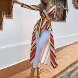 Women Trench Coat Autumn Rainbow Stripes Dress Large Coat