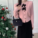 Women Knitted Cardigan Red Knitted Cardigan Bow Sweater Coat