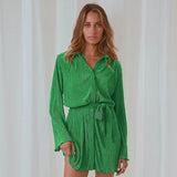 Women Dress Green V-neck Spring Lace-up Dress Short Skirt
