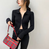 Women Cardigan Sweater Zipper and Lapel Knitted Cardigan 8t8060