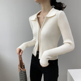 Women Cardigan Sweater Zipper and Lapel Knitted Cardigan 8t8060