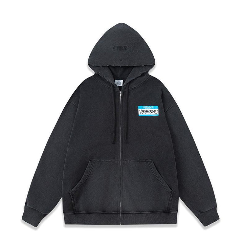 Vetements Hoodie Autumn and Winter Ripped Distressed Signature Label Washed Loose Zip Hooded Coat Sweatshirt