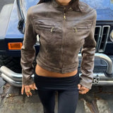Women Jacket Vintage Distressed Jacket Slim Stand Collar Faux Deerskin Motorcycle Jacket